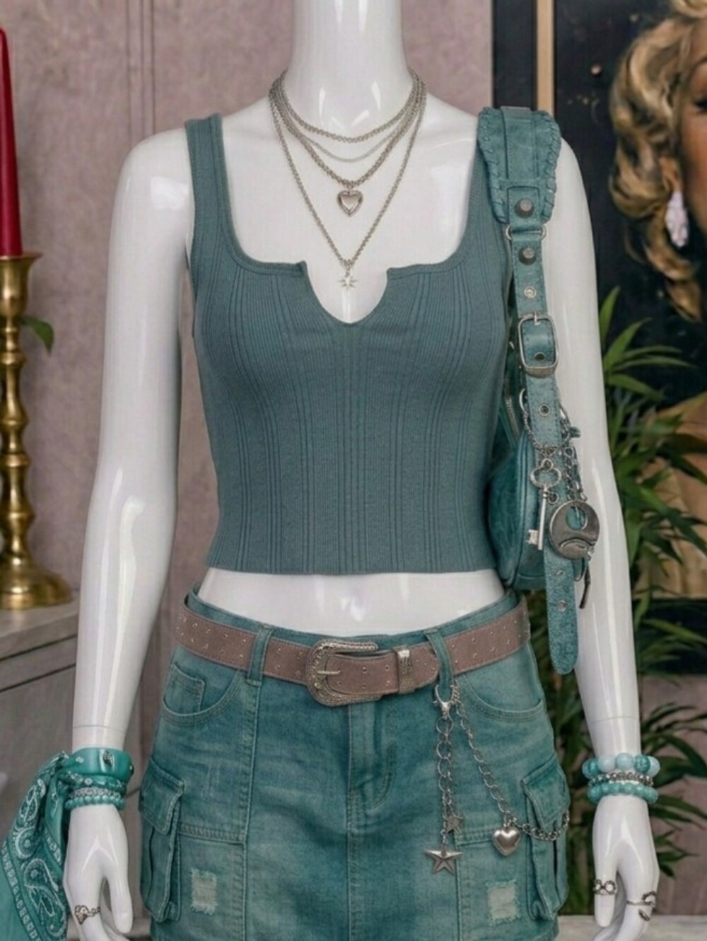 BDG Ribbed Scoop-Neck Crop Tank - Teal Blue - Women's Medium